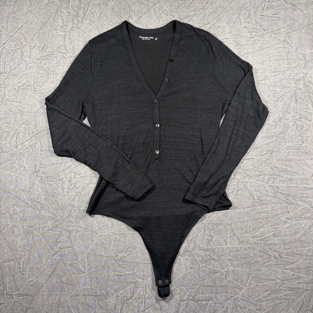 Abercrombie & Fitch Bodysuit Womens L Blk Soft A&F Cozy Henley V-Neck LongSleeve